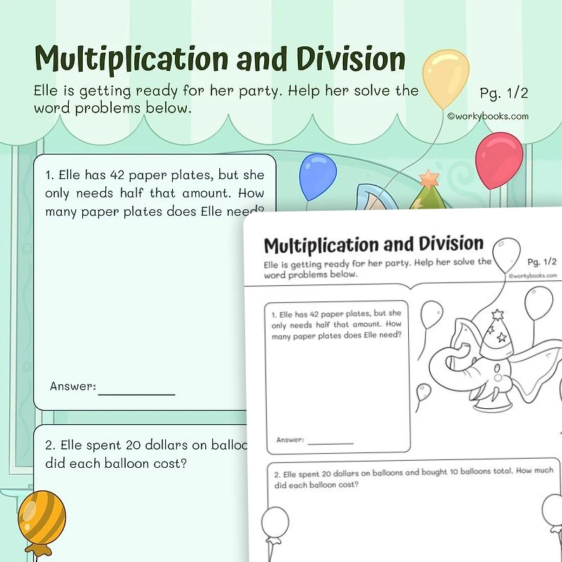 Multiplication and Division Word Problems — math worksheet for Grade 3, page 1 of 3
