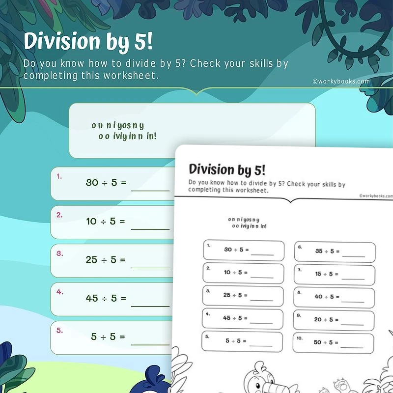 Division by 5! — math worksheet for Grade 3, page 1 of 3
