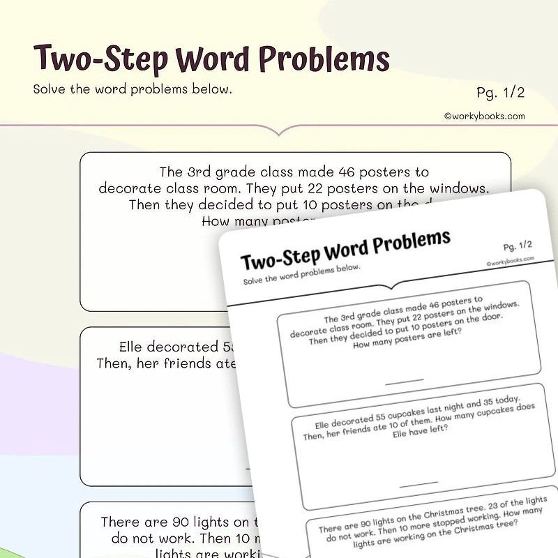 Two—Step Word Problems — math worksheet for Grade 3, page 1 of 3