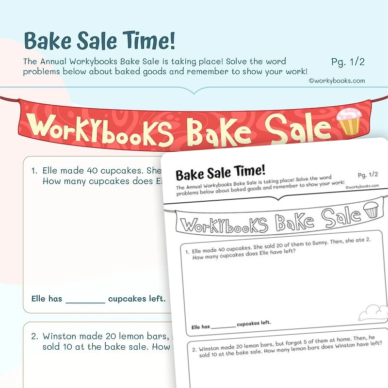 Bake Sale Time! Two Step Word Problems — math worksheet for Grade 3, page 1 of 3
