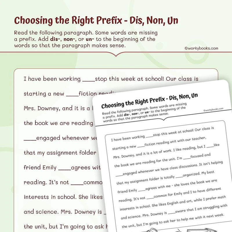 Choosing the Right Prefix — Dis, Non, Un — ela worksheet for Grade 3, page 1 of 3