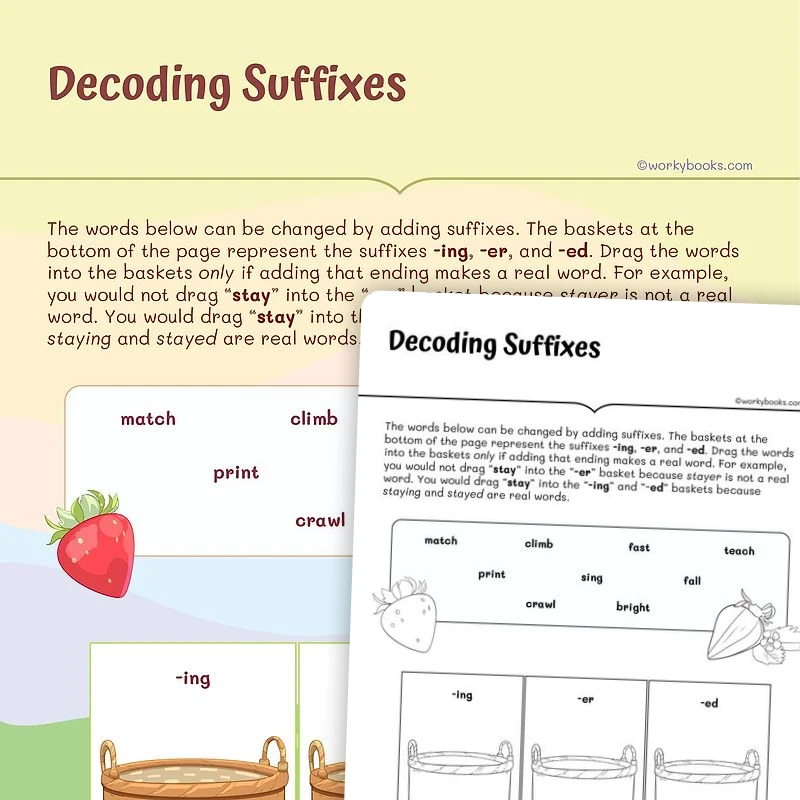 Decoding Words With Suffixes — ela worksheet for Grade 3, page 1 of 3