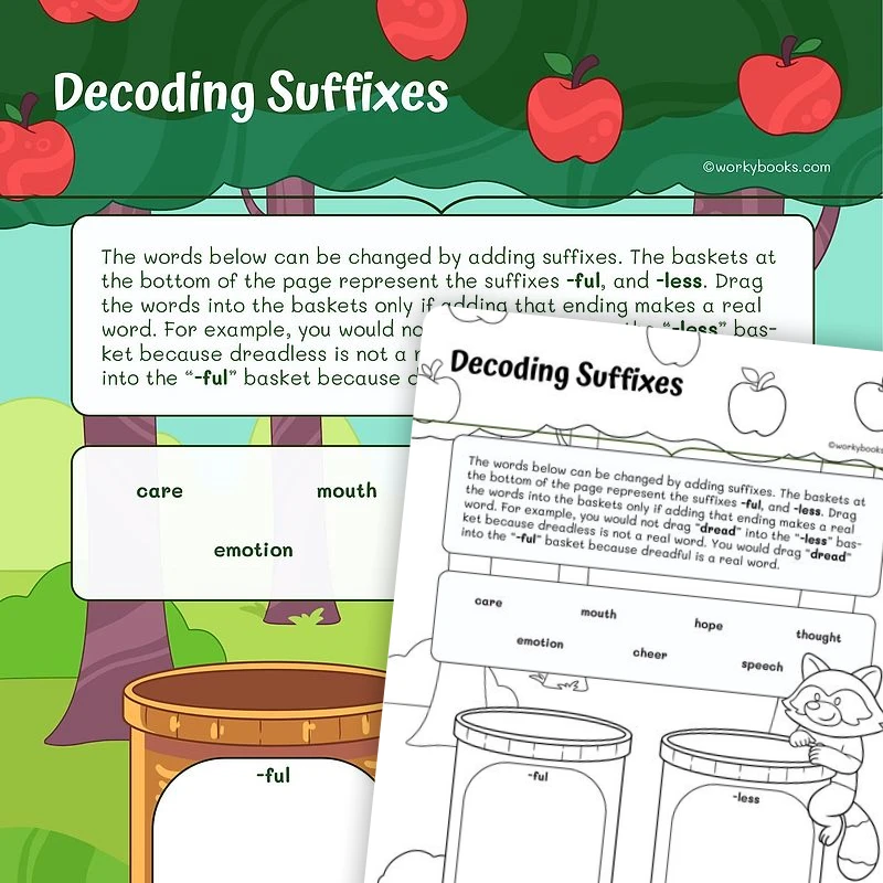 Decoding Suffixes — ela worksheet for Grade 3, page 1 of 3