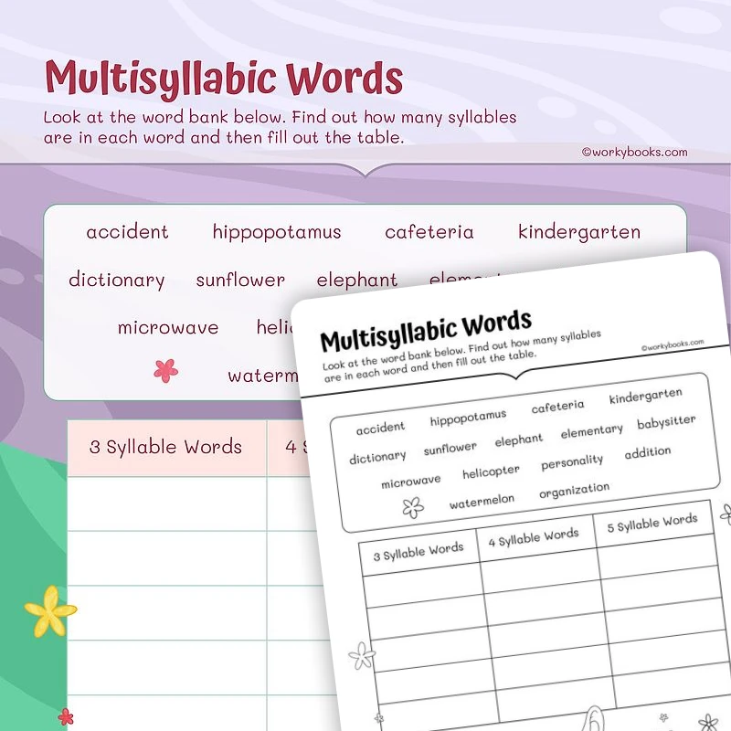 Multisyllabic Words 3rd Grade — ela worksheet for Grade 3, page 1 of 3