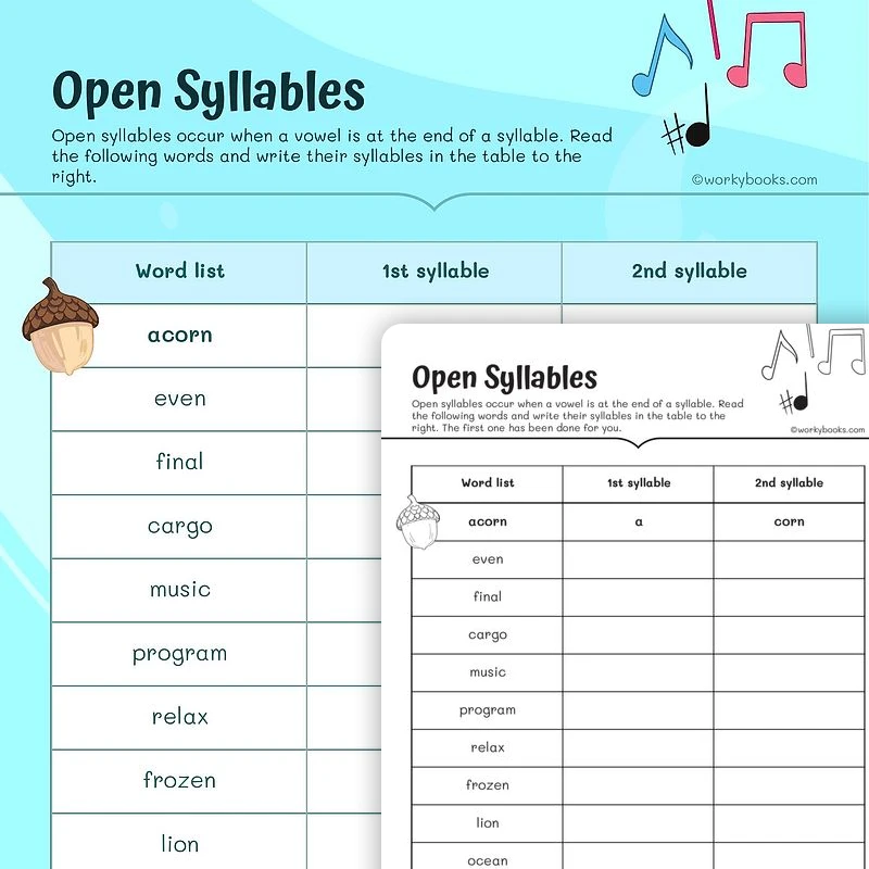 Open Syllables — ela worksheet for Grade 3, page 1 of 3