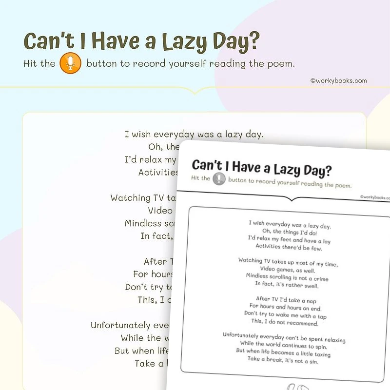 Can't I Have a Lazy Day?—Poem — ela worksheet for Grade 3, page 1 of 3