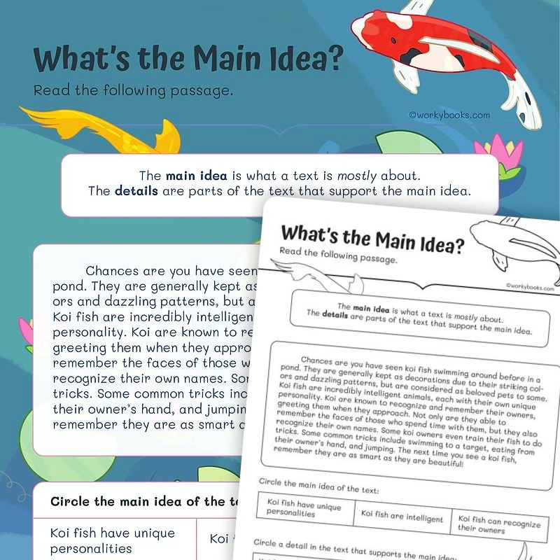 Koi Fish—What’s the Main Idea? — ela worksheet for Grade 3, page 1 of 3