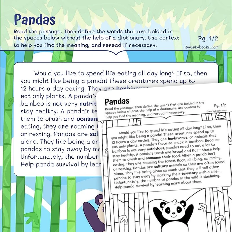 Informational Text with Contextual Clues —Pandas — ela worksheet for Grade 3, page 1 of 3
