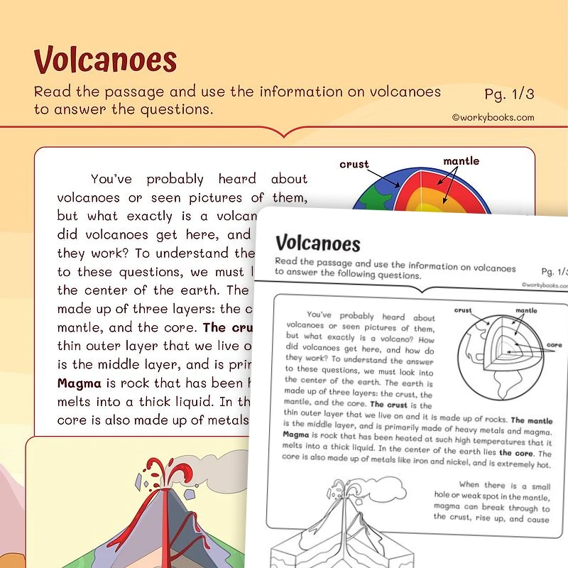 Informational Text —Volcanoes — ela worksheet for Grade 3, page 1 of 3