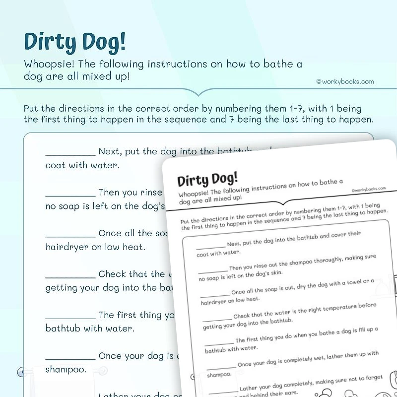Dirty Dog!—Sequence of Events — ela worksheet for Grade 3, page 1 of 3