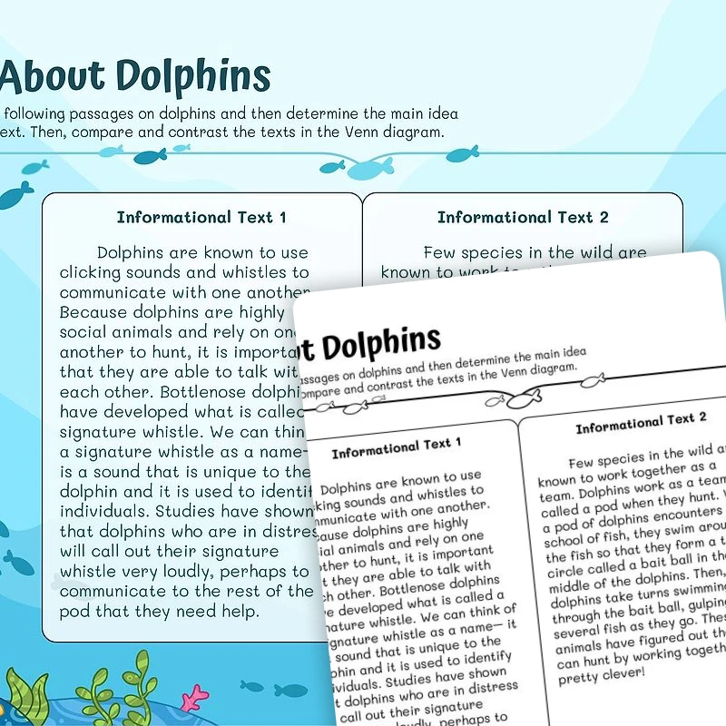 Comparing Non-Fiction texts—All About Dolphins — ela worksheet for Grade 3, page 1 of 3