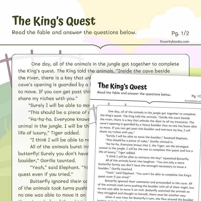 Fable on The King’s Quest—Author's Purpose — ela worksheet for Grade 3, page 1 of 3