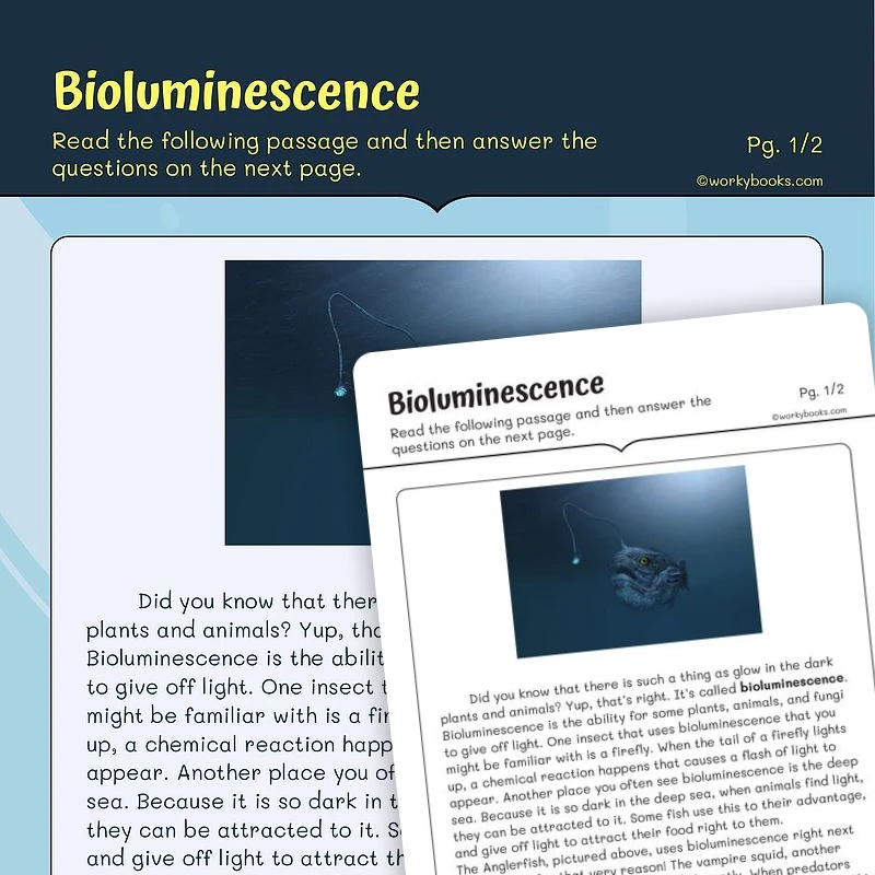 Informational Text —Bioluminescence — ela worksheet for Grade 3, page 1 of 3