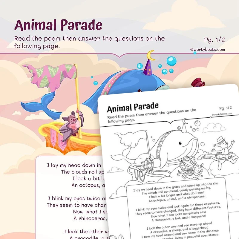 Animal Parade Poem — ela worksheet for Grade 3, page 1 of 3