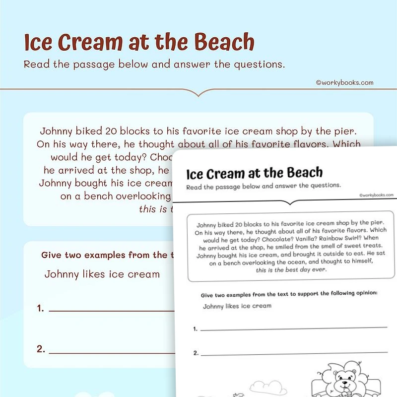 Ice Cream at the Beach—Opinion Passage — ela worksheet for Grade 3, page 1 of 3