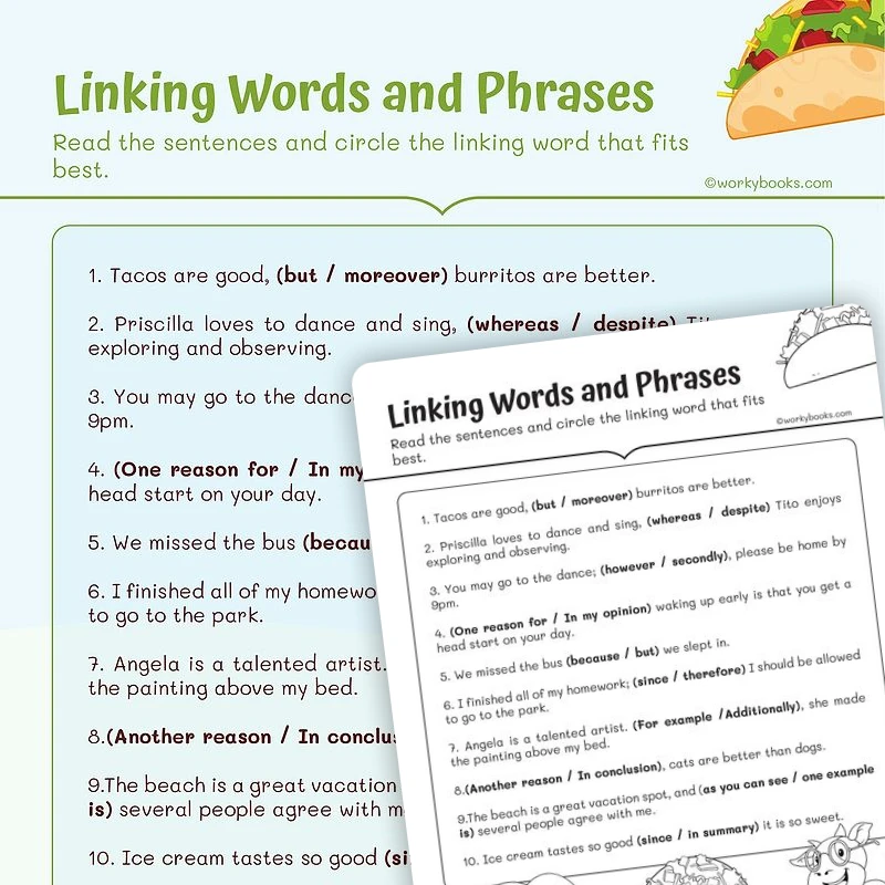 Linking Words and Phrases — ela worksheet for Grade 3, page 1 of 3