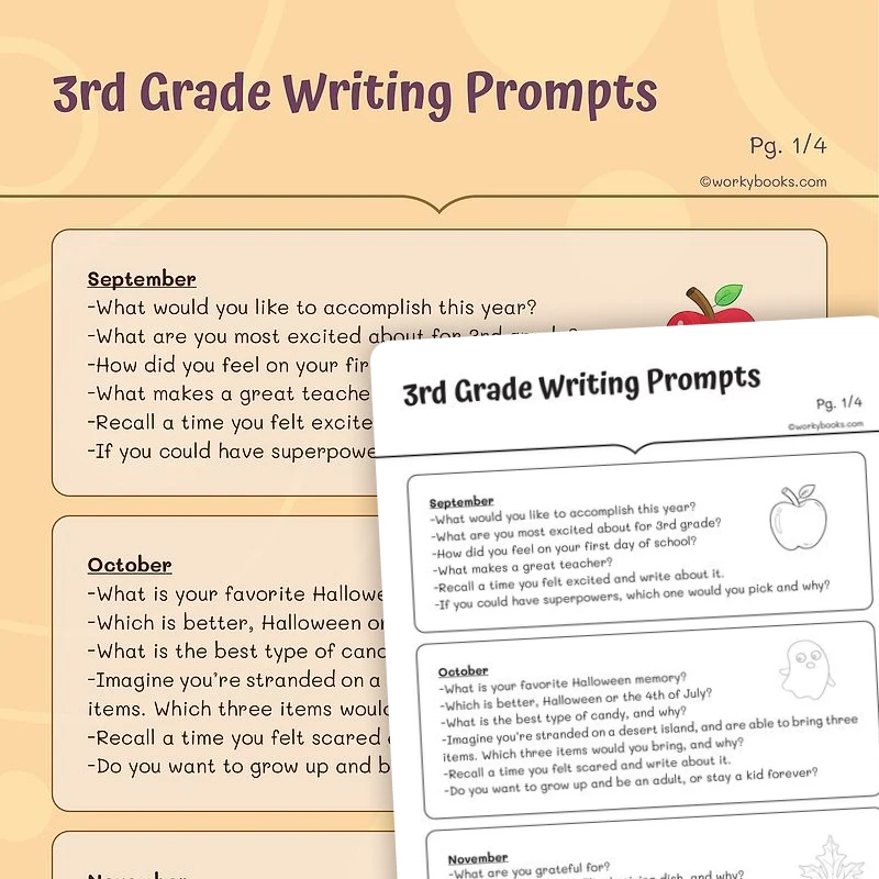 Third Grade Writing Prompts — ela worksheet for Grade 3, page 1 of 3