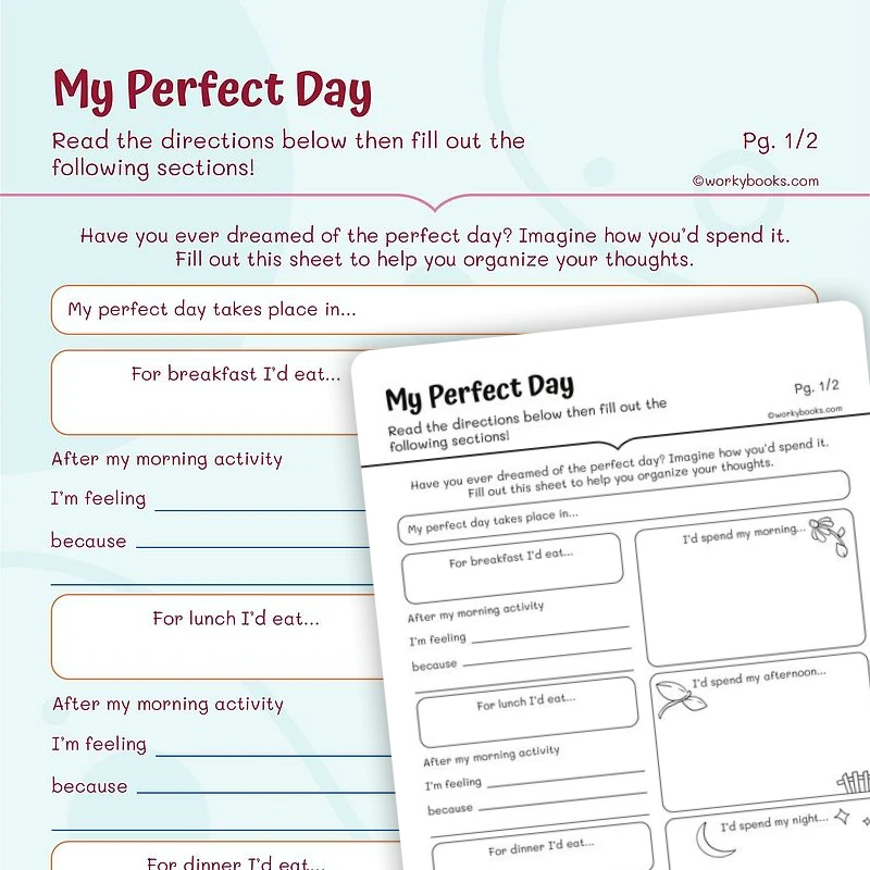 My Perfect Day—Creative Writing — ela worksheet for Grade 3, page 1 of 3