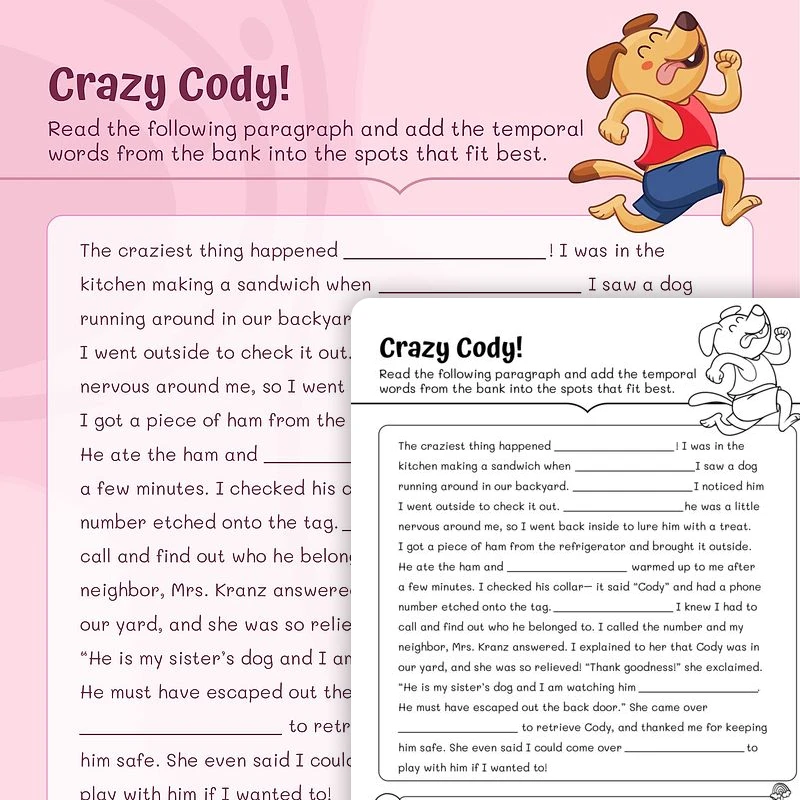 Crazy Cody! Time Order Words — ela worksheet for Grade 3, page 1 of 3