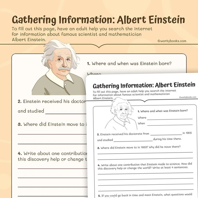 Gathering Information: Albert Einstein — ela worksheet for Grade 3, page 1 of 3