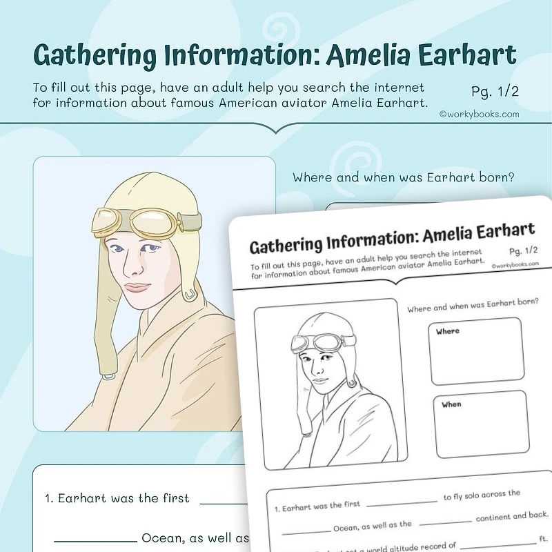 Gathering Information: Amelia Earhart — ela worksheet for Grade 3, page 1 of 3