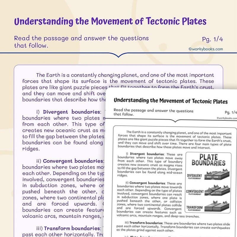 Understanding the Movement of Tectonic Plates — ela worksheet for Grade 4, Grade 5, page 1 of 3