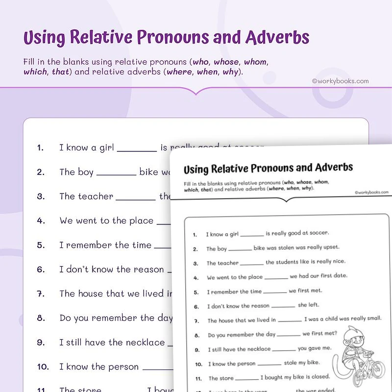 Using Relative Pronouns and Adverbs — ela worksheet for Grade 4, page 1 of 3