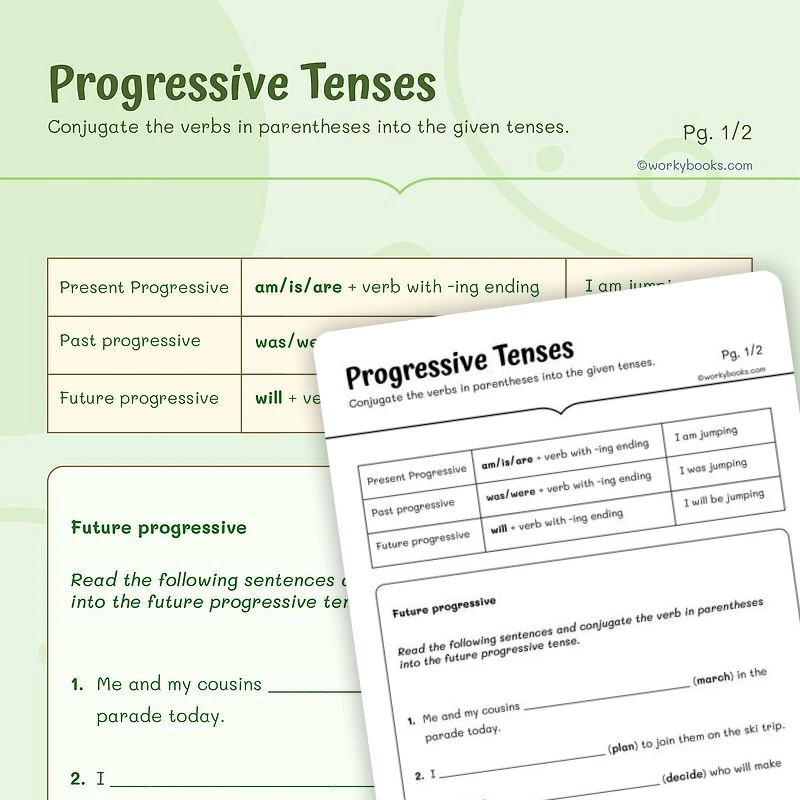Progressive Tenses — ela worksheet for Grade 4, page 1 of 3