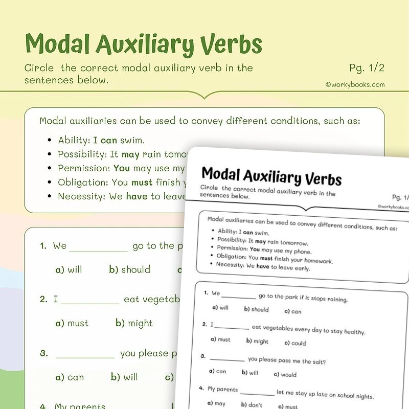 Modal Auxiliary Verbs — ela worksheet for Grade 4, Grade 5, page 1 of 3