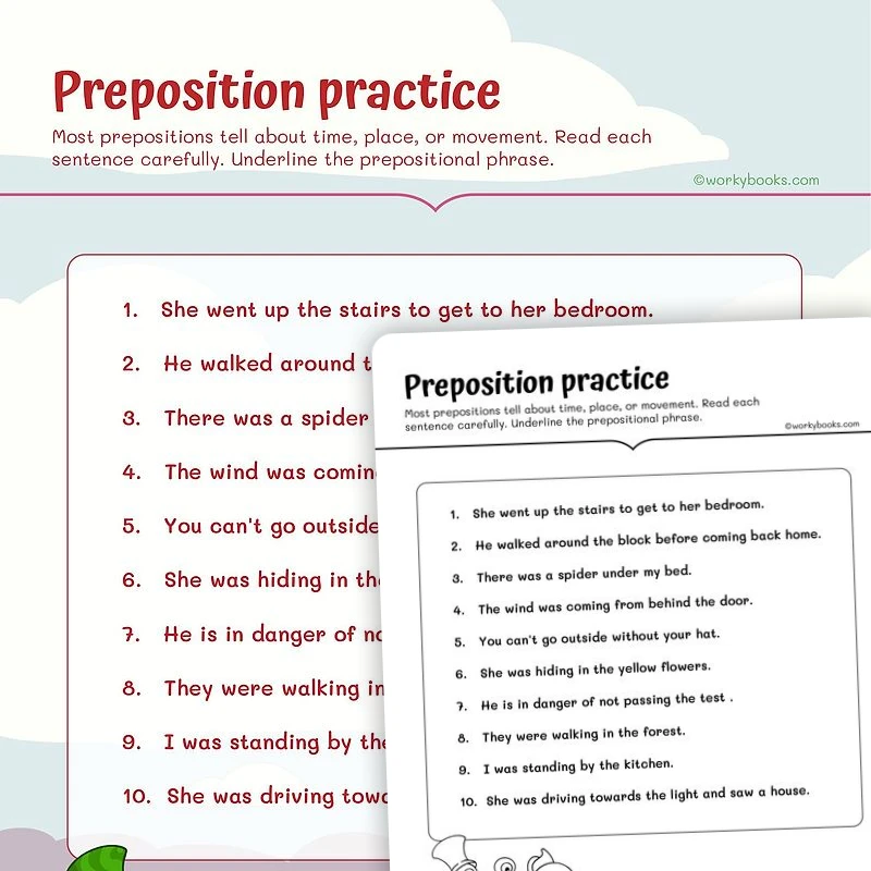 Identifying Prepositions — ela worksheet for Grade 4, page 1 of 3