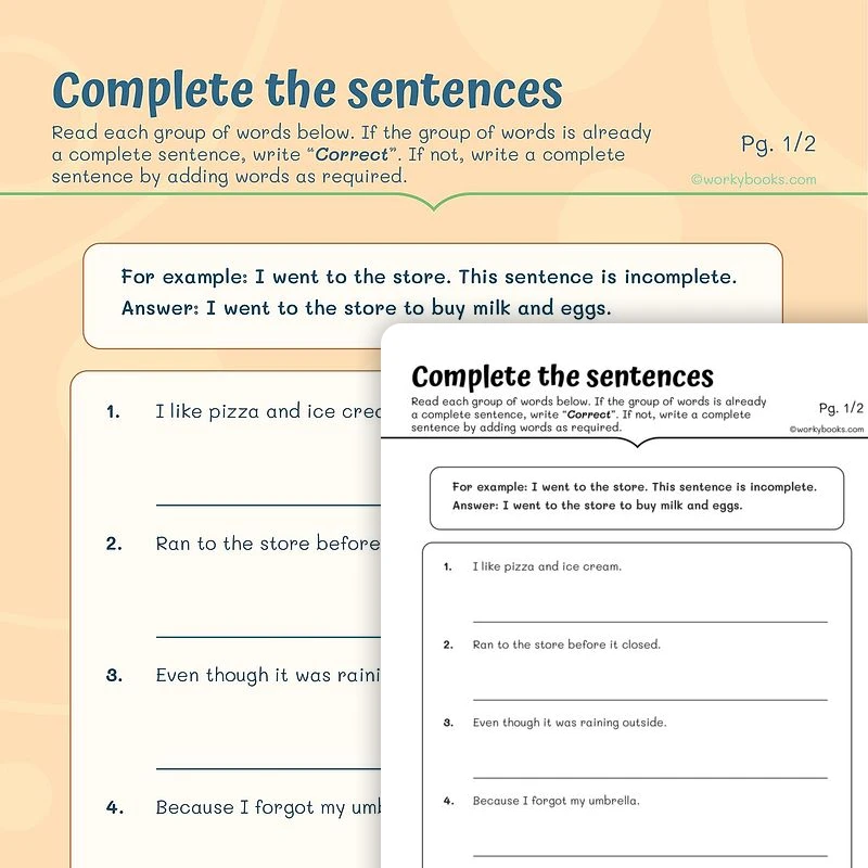 Complete the Sentences — ela worksheet for Grade 4, page 1 of 3
