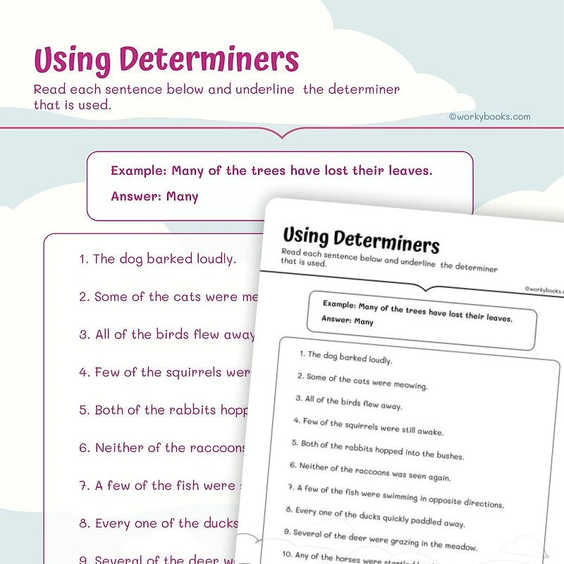 Determiners — ela worksheet for Grade 4, page 1 of 3