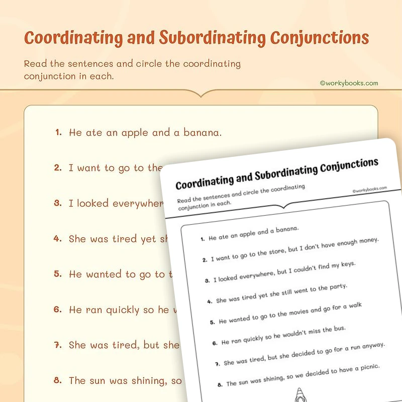 Coordinating and Subordinating Conjunctions — ela worksheet for Grade 4, Grade 5, page 1 of 3