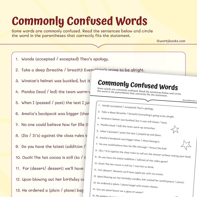 Commonly Confused Words — ela worksheet for Grade 4, Grade 5, page 1 of 3