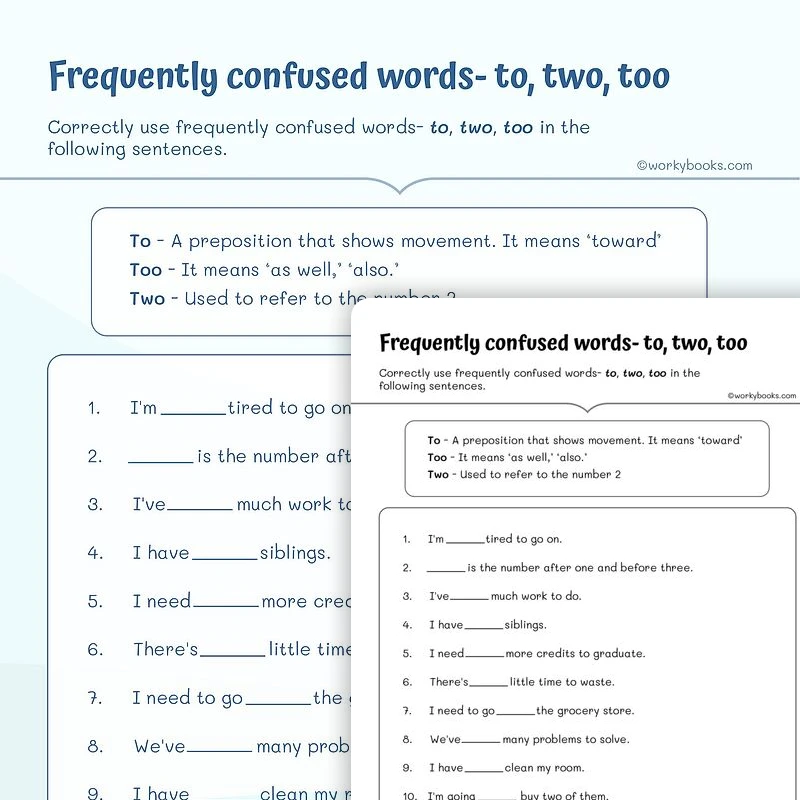 Frequently confused words— to, two, too — ela worksheet for Grade 4, Grade 5, page 1 of 3