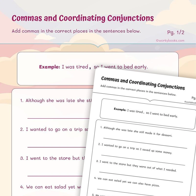 Commas and Coordinating Conjunctions — ela worksheet for Grade 4, Grade 5, page 1 of 3