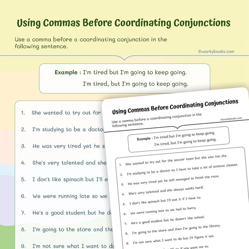 Commas Before Coordinating Conjunctions — ela worksheet for Grade 4, Grade 5, page 1 of 3