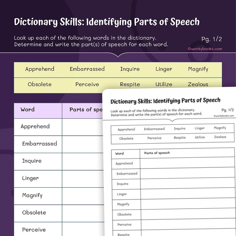 Dictionary Skills: Identifying Parts of Speech — ela worksheet for Grade 4, Grade 5, page 1 of 3