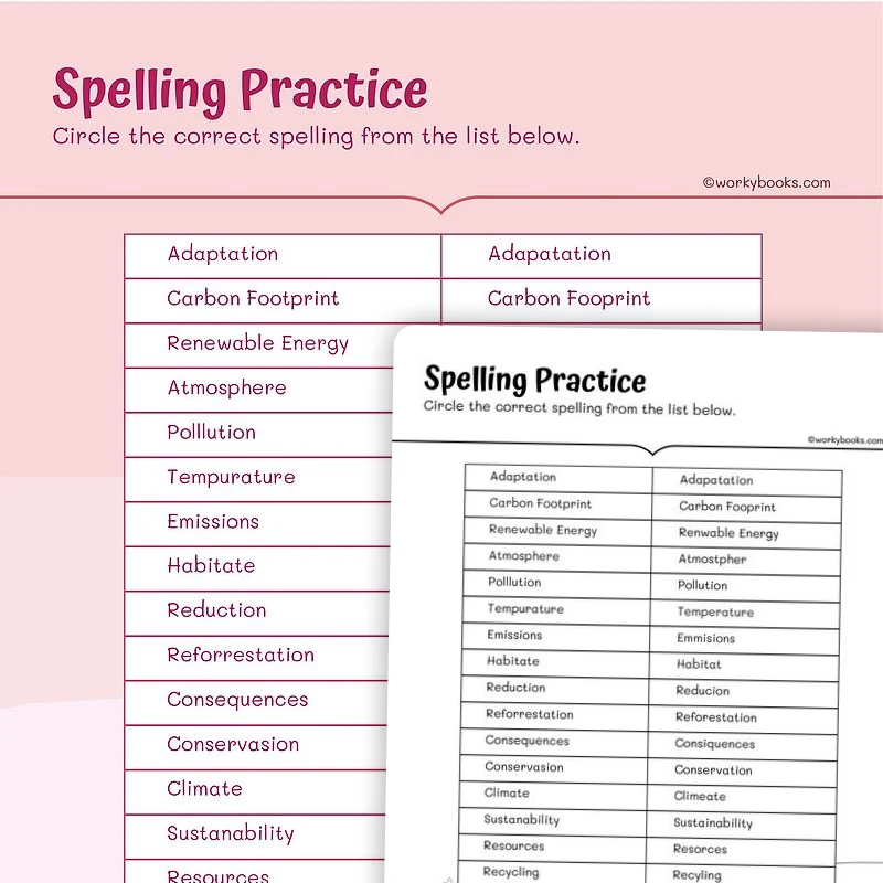 Spelling Practice — Environment — ela worksheet for Grade 4, page 1 of 3