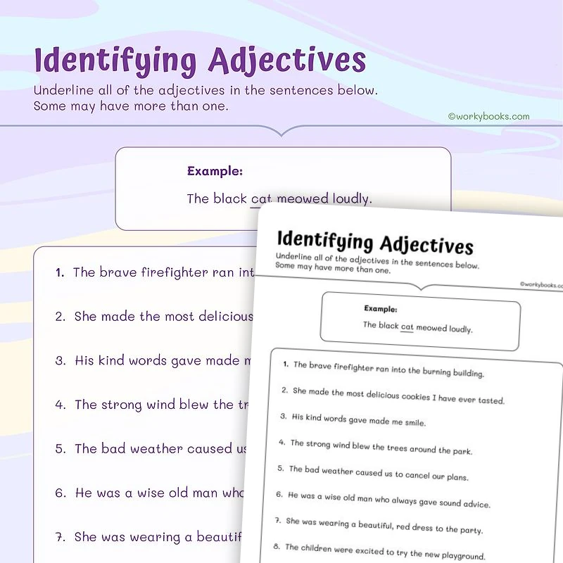 Identifying Adjectives — ela worksheet for Grade 4, page 1 of 3