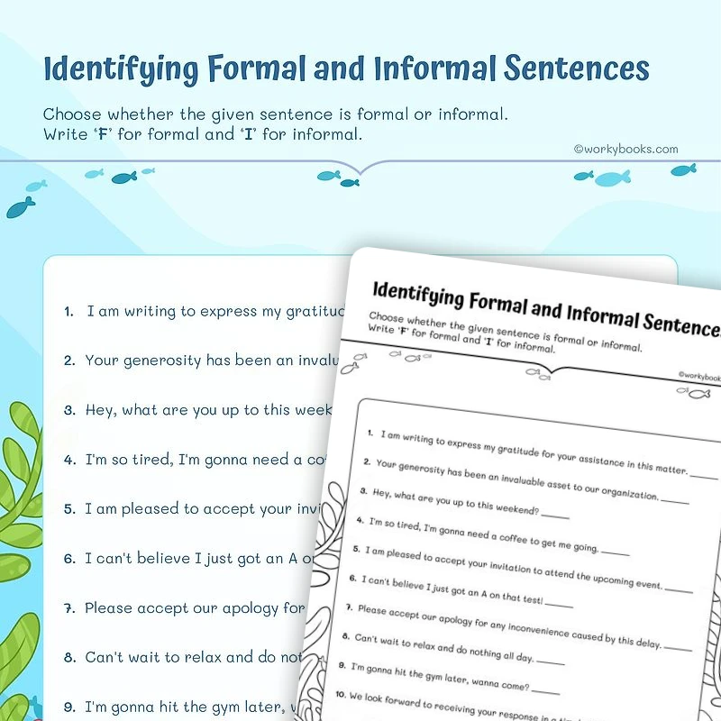 Identifying Formal and Informal Sentences — ela worksheet for Grade 4, Grade 5, page 1 of 3