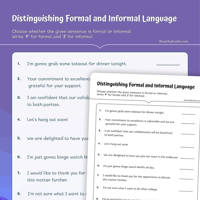 Distinguishing Between Informal and Formal Language. — ela worksheet for Grade 4, Grade 5, page 1 of 3