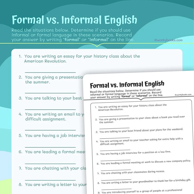 Formal vs. Informal English — ela worksheet for Grade 4, Grade 5, page 1 of 3