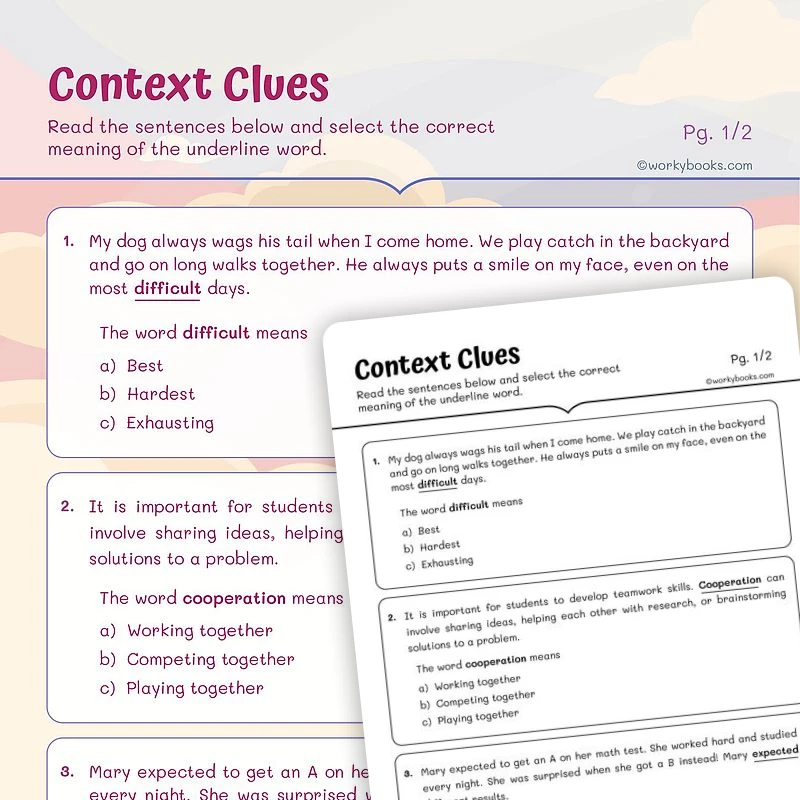 Context Clue Practice — ela worksheet for Grade 4, page 1 of 3