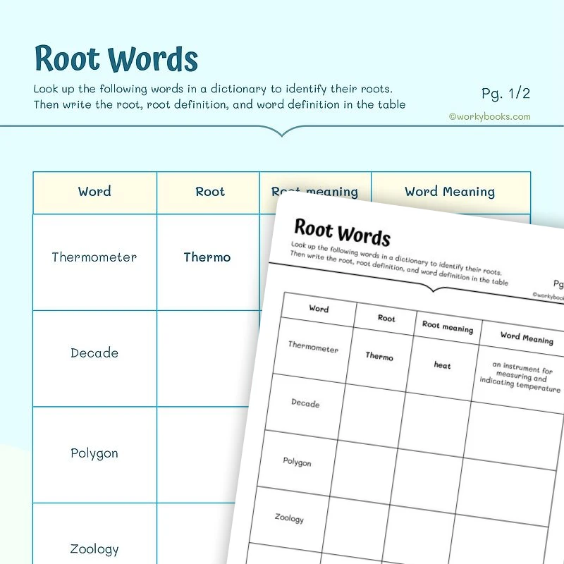 4th Grade Root Words — ela worksheet for Grade 4, page 1 of 3
