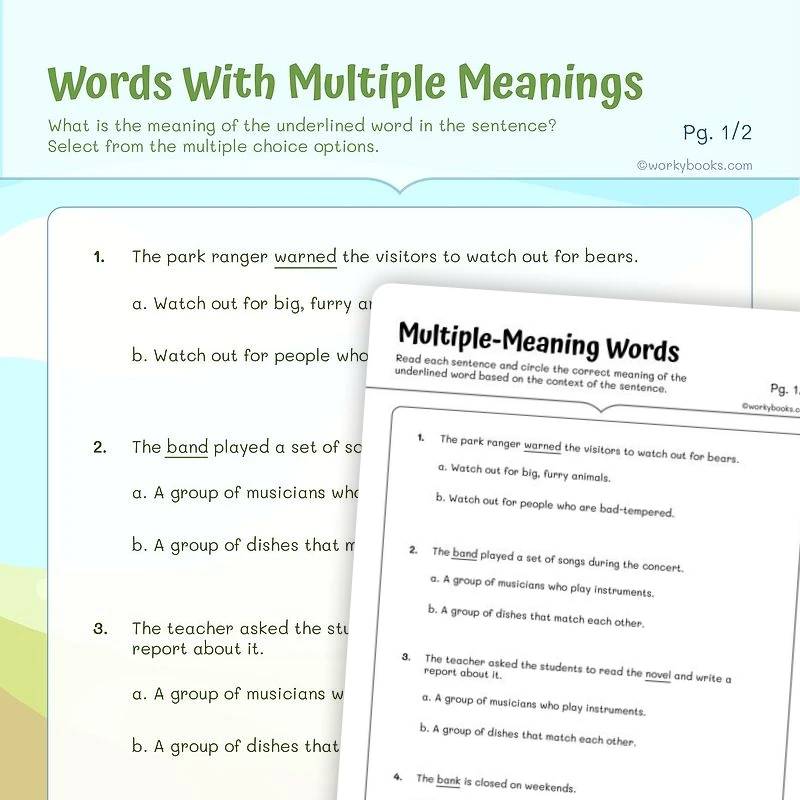 Words With Multiple Meanings — ela worksheet for Grade 4, page 1 of 3