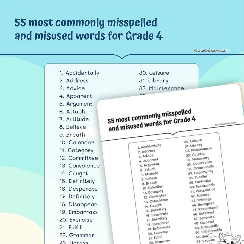 55 most commonly Mispelled Words — ela resource for Grade 4, page 1 of 3