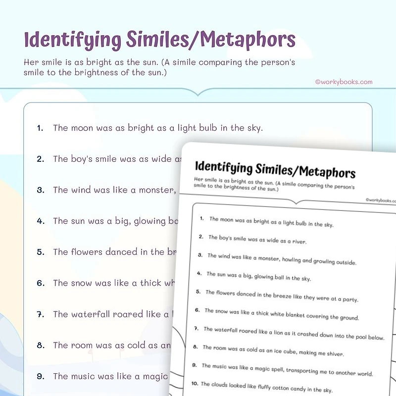 Identifying Similes and Metaphors — ela worksheet for Grade 4, Grade 5, page 1 of 3