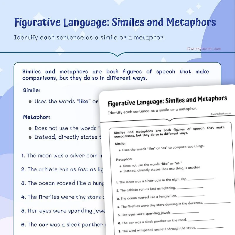 Figurative Language: Similes and Metaphors — ela worksheet for Grade 4, Grade 5, page 1 of 3