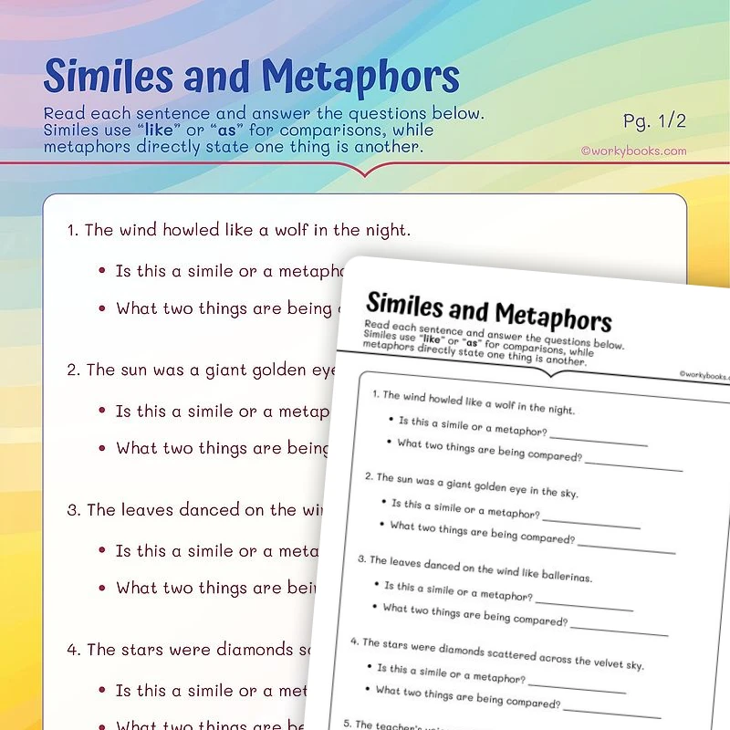 Similes and Metaphors — ela worksheet for Grade 4, Grade 5, page 1 of 3